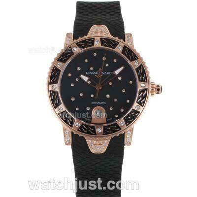 Ulysse Nardin Marine Automatic Rose Gold Diamond Case with Black Diamond Dial-Black Rubber Strap