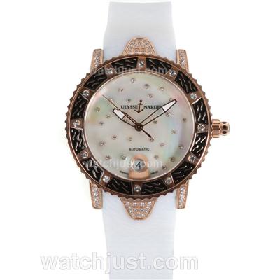 Ulysse Nardin Marine Automatic Rose Gold Diamond Case with Diamond MOP Dial-White Rubber Strap