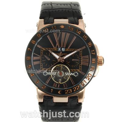 Ulysse Nardin Tourbillon Automatic Rose Gold Case PVD Bezel with Black Dial-Leather Strap