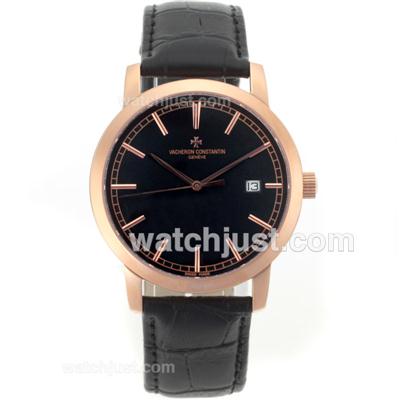 Vacheron Constantin Malte Swiss ETA 2824 Movement Rose Gold Case with Black Dial-Leather Strap