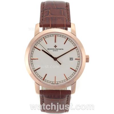 Vacheron Constantin Malte Swiss ETA 2824 Movement Rose Gold Case with White Dial-Leather Strap