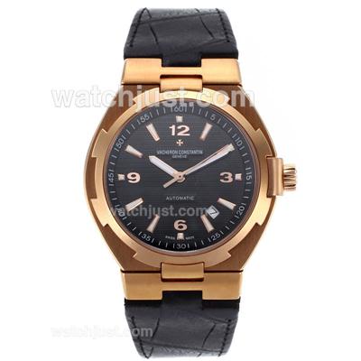 Vacheron Constantin Overseas Swiss ETA 2836 Movement Rose Gold Case with Black Dial-Leather Strap