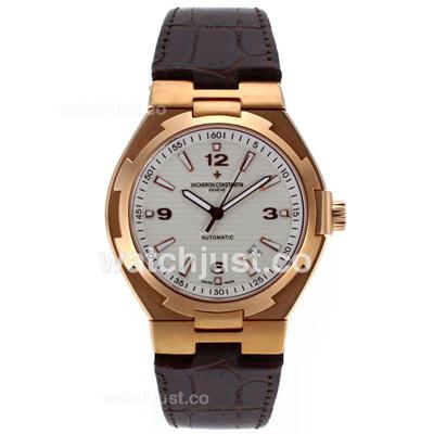 Vacheron Constantin Overseas Swiss ETA 2836 Movement Rose Gold Case with White Dial-Leather Strap