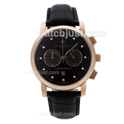 Vacheron Constantin Overseas Working Chronograph Rose Gold Case with Black Dial-Leather Strap