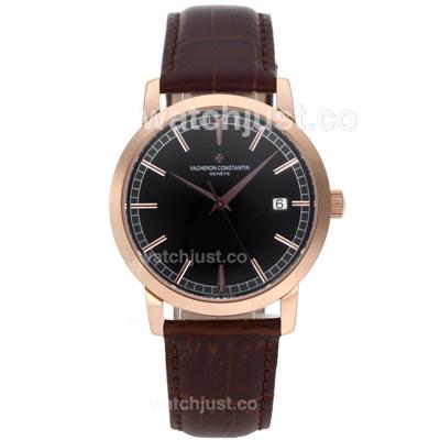 Vacheron Constantin Partrimony Swiss ETA 2836 Movement Rose Gold Case with Black Dial-Leather Strap