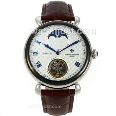 Vacheron Constantin Tourbillon Automatic PVD Bezel with White Dial-Leather Strap