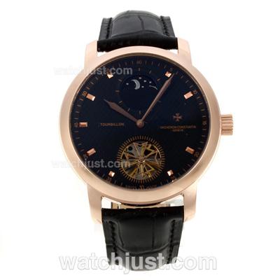 Vacheron Constantin Tourbillon Automatic Rose Gold Case with Black Dial-Leather Strap