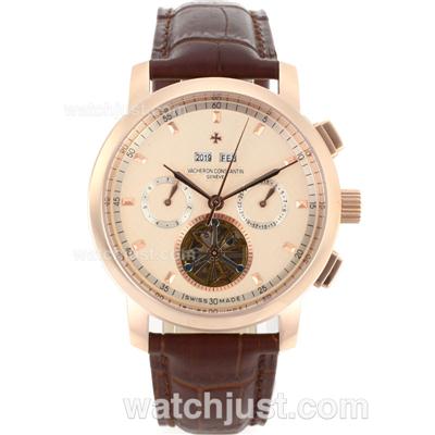 Vacheron Constantin Tourbillon Automatic Rose Gold Case with Champagne Dial-Leather Strap