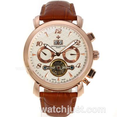 Vacheron Constantin Tourbillon Automatic Rose Gold Case with White Dial-Brown Leather Strap