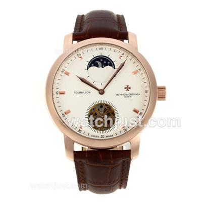 Vacheron Constantin Tourbillon Automatic Rose Gold Case with White Dial-Leather Strap