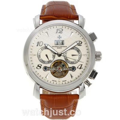 Vacheron Constantin Tourbillon Automatic with White Dial-Brown Leather Strap