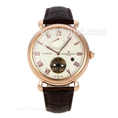 Vacheron Constantin Tourbillon Working Power Reserve Automatic Rose Gold Case with White Dial-Leather Strap