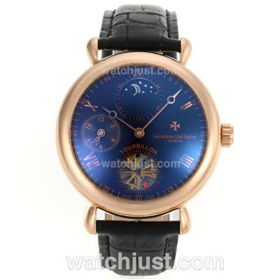 Vacheron Constantin Tourbillon Working Two Time Zone Automatic Rose Gold Case with Black Dial-Leather Strap