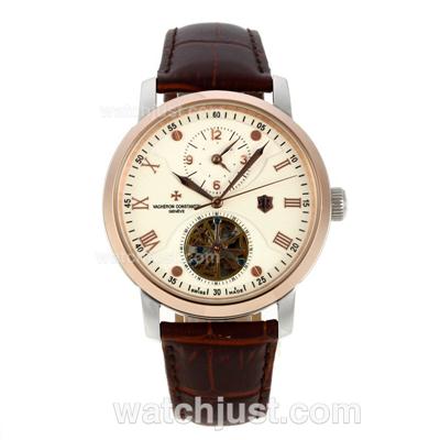 Vacheron Constantin Tourbillon Working Two Time Zone Automatic Rose Gold Case with White Dial-Leather Strap