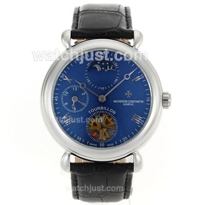 Vacheron Constantin Tourbillon Working Two Time Zone Automatic with Blue Dial-Leather Strap