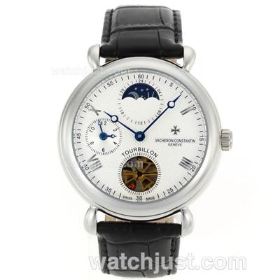 Vacheron Constantin Tourbillon Working Two Time Zone Automatic with White Dial-Leather Strap