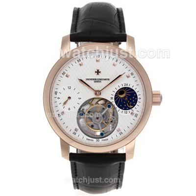 Vacheron Constantin Working Tourbillon Manual Winding Rose Gold Case with White Dial-Leather Strap