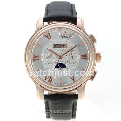 Zenith El Primero Perpetual Calendar Automatic Rose Gold Case with Grey Dial-Leather Strap